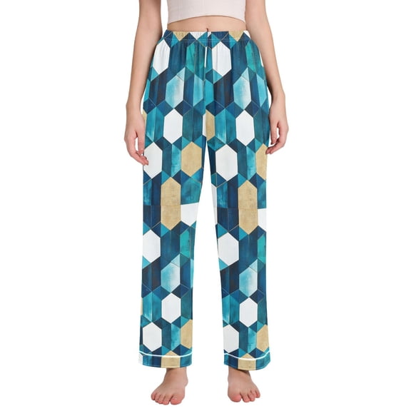FORMRS Women's Pajama Pants with Pockets Soft Comfy Loungewear Sleep Bottom, Sizes S-2XL, Blue White Geometric Patterns