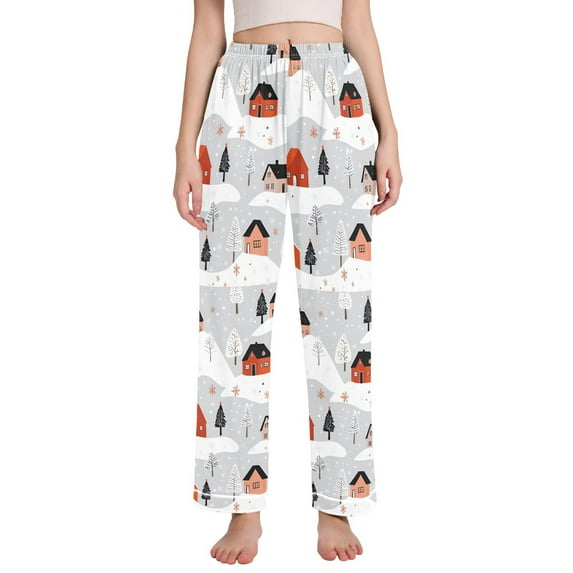 FORMRS Women's Pajama Pants with Pockets Soft Comfy Loungewear Sleep Bottom, Sizes S-2XL, Cartoon Red Houses