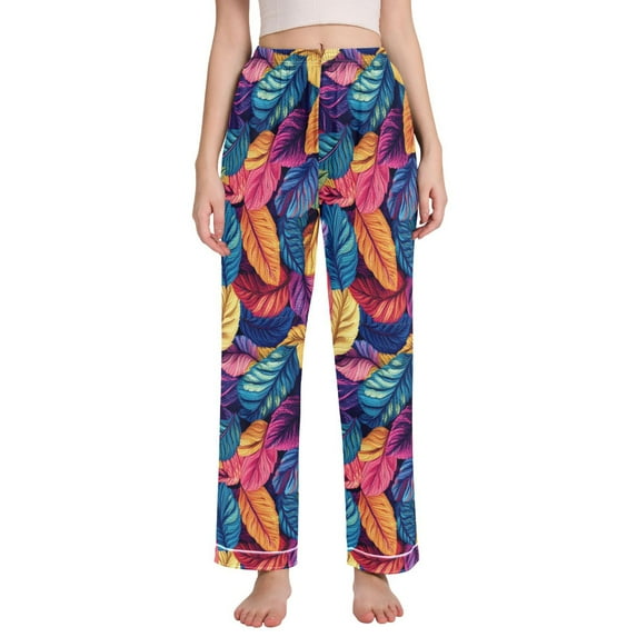 FORMRS Women's Pajama Pants with Pockets Soft Comfy Loungewear Sleep Bottom, Sizes S-2XL, Colorful Art Leaves Pattern