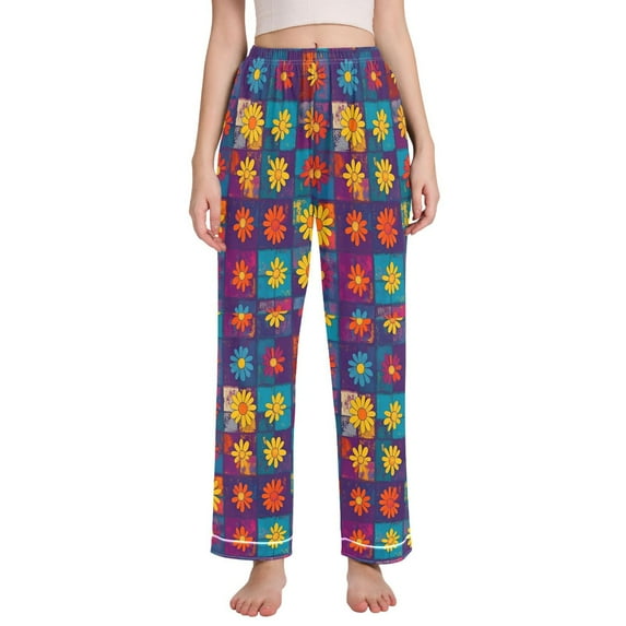 FORMRS Women's Pajama Pants with Pockets Soft Comfy Loungewear Sleep Bottom, Sizes S-2XL, Colorful Checkered Daisy