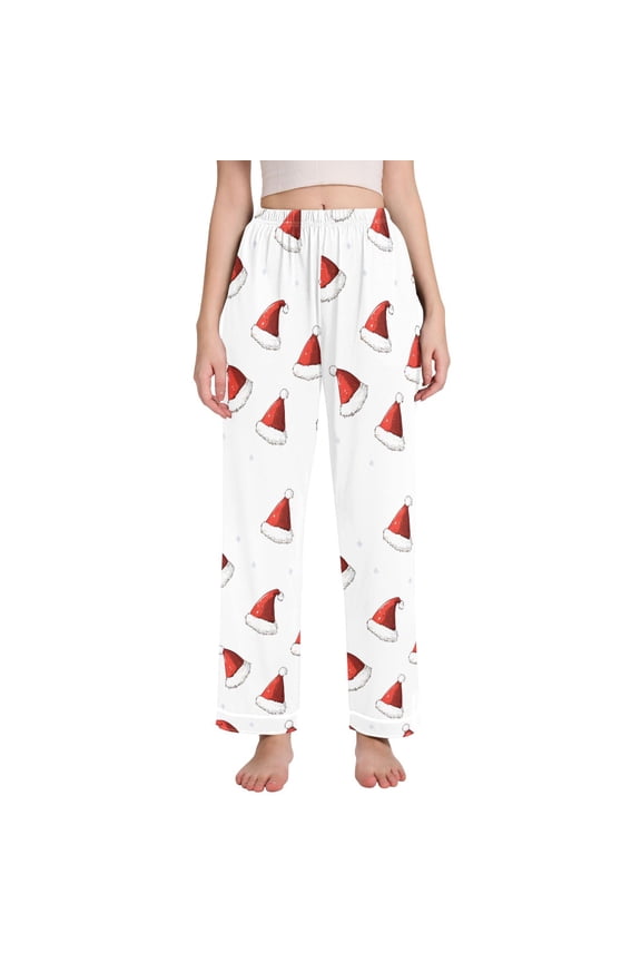 Women's Pajama Pants with Pockets Soft Comfy Loungewear Sleep Bottom, Sizes S-2XL, Cute Santa Hats Pattern