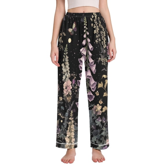 FORMRS Women's Pajama Pants with Pockets Soft Comfy Loungewear Sleep Bottom, Sizes S-2XL, Dark Flowers Pattern