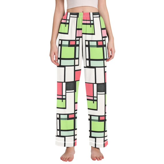 FORMRS Women's Pajama Pants with Pockets Soft Comfy Loungewear Sleep Bottom, Sizes S-2XL, Green Abstract Geometric