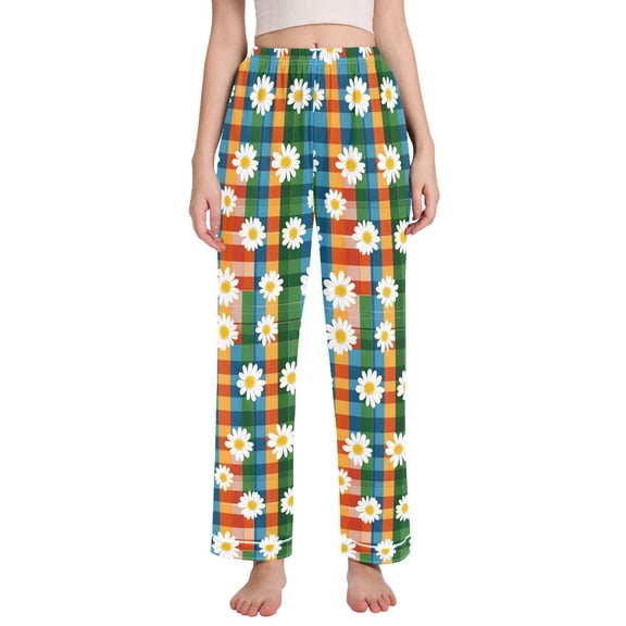 FORMRS Women's Pajama Pants with Pockets Soft Comfy Loungewear Sleep Bottom, Sizes S-2XL, Green Checkered Daisy