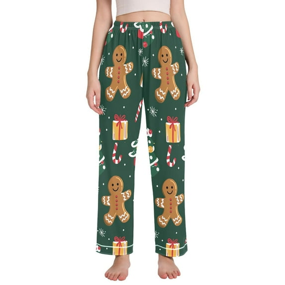 FORMRS Women's Pajama Pants with Pockets Soft Comfy Loungewear Sleep Bottom, Sizes S-2XL, Green Christmas Gingerbread