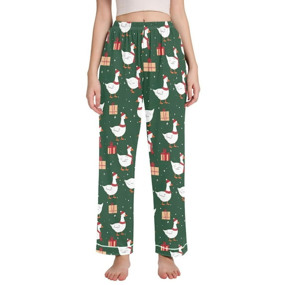 FORMRS Women's Pajama Pants with Pockets Soft Comfy Loungewear Sleep Bottom, Sizes S-2XL, Green Christmas Goose Pattern