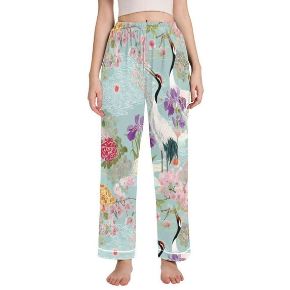 FORMRS Women's Pajama Pants with Pockets Soft Comfy Loungewear Sleep Bottom, Sizes S-2XL, Green Floral Cranes Pattern