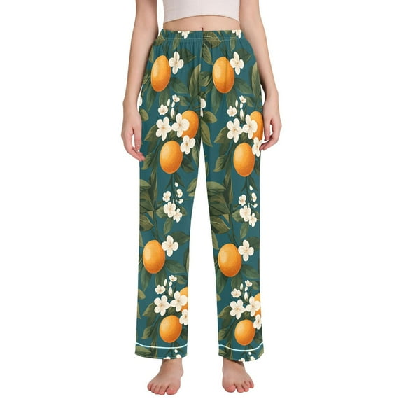 FORMRS Women's Pajama Pants with Pockets Soft Comfy Loungewear Sleep Bottom, Sizes S-2XL, Green Floral Orange