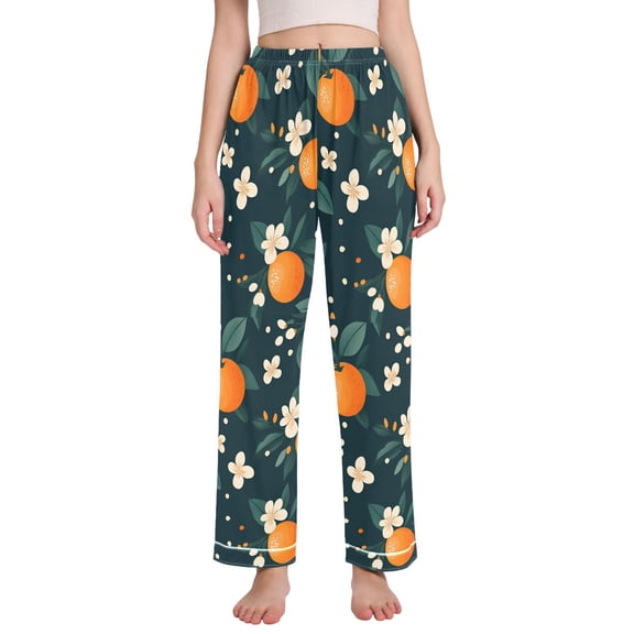 FORMRS Women's Pajama Pants with Pockets Soft Comfy Loungewear Sleep Bottom, Sizes S-2XL, Green Floral Oranges