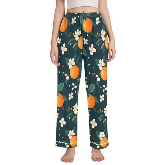 FORMRS Women's Pajama Pants with Pockets Soft Comfy Loungewear Sleep Bottom, Sizes S-2XL, Green Floral Oranges