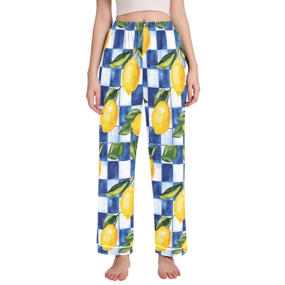 FORMRS Women's Pajama Pants with Pockets Soft Comfy Loungewear Sleep Bottom, Sizes S-2XL, Lemon Checkered