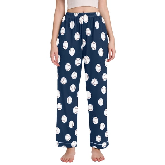 FORMRS Women's Pajama Pants with Pockets Soft Comfy Loungewear Sleep Bottom, Sizes S-2XL, Navy Blue Baseball Pattern