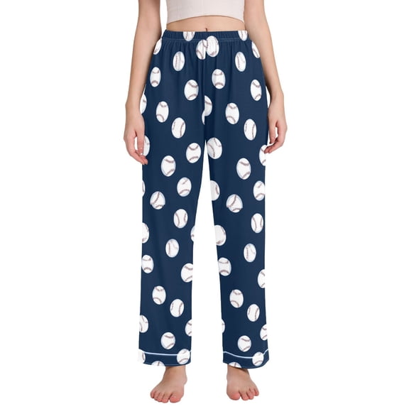 FORMRS Women's Pajama Pants with Pockets Soft Comfy Loungewear Sleep Bottom, Sizes S-2XL, Navy Blue Baseball Pattern