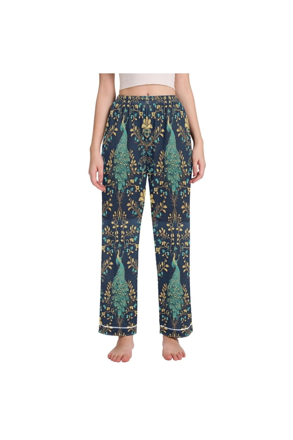 Women's Pajama Pants with Pockets Soft Comfy Loungewear Sleep Bottom, Sizes S-2XL, Navy Blue Peacock Pattern