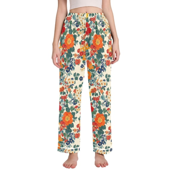 FORMRS Women's Pajama Pants with Pockets Soft Comfy Loungewear Sleep Bottom, Sizes S-2XL, Orange Japanese Flowers Pattern