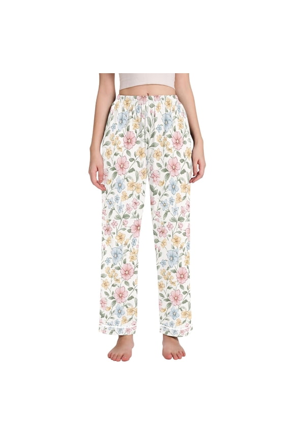 Women's Pajama Pants with Pockets Soft Comfy Loungewear Sleep Bottom, Sizes S-2XL, Pastel Floral Pattern