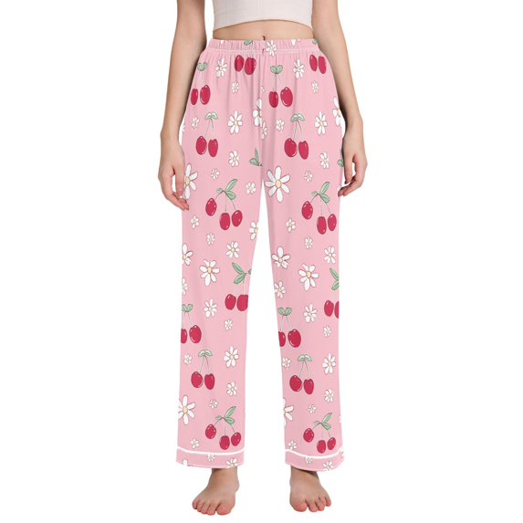 FORMRS Women's Pajama Pants with Pockets Soft Comfy Loungewear Sleep Bottom, Sizes S-2XL, Pink Cute Cherry Pattern