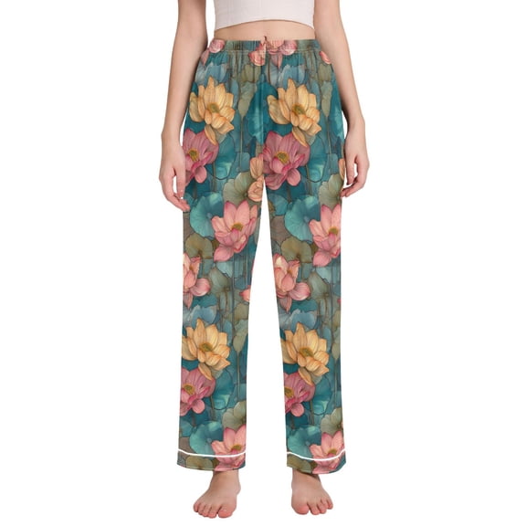 FORMRS Women's Pajama Pants with Pockets Soft Comfy Loungewear Sleep Bottom, Sizes S-2XL, Pink Water Lilies Pattern