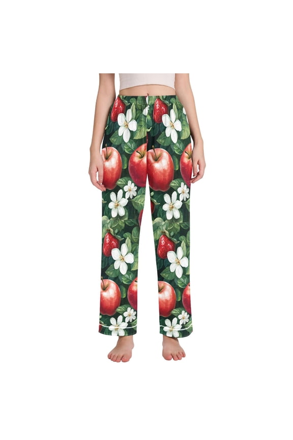 Women's Pajama Pants with Pockets Soft Comfy Loungewear Sleep Bottom, Sizes S-2XL, Red Apple Pattern