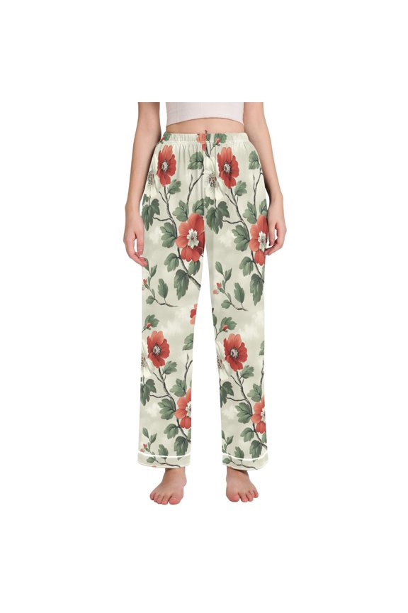 Women's Pajama Pants with Pockets Soft Comfy Loungewear Sleep Bottom, Sizes S-2XL, Red Floral Pattern