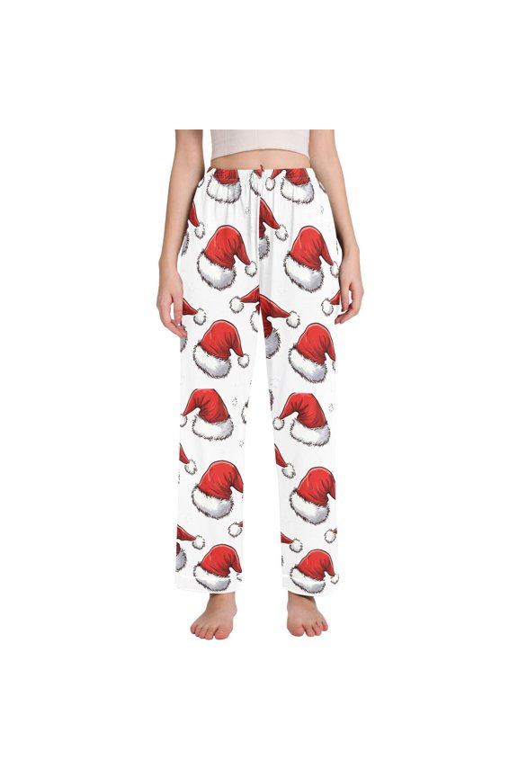 Women's Pajama Pants with Pockets Soft Comfy Loungewear Sleep Bottom, Sizes S-2XL, Red Santa Hats Pattern