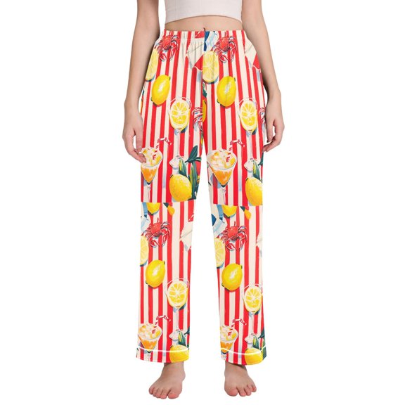 FORMRS Women's Pajama Pants with Pockets Soft Comfy Loungewear Sleep Bottom, Sizes S-2XL, Red Striped Lemon