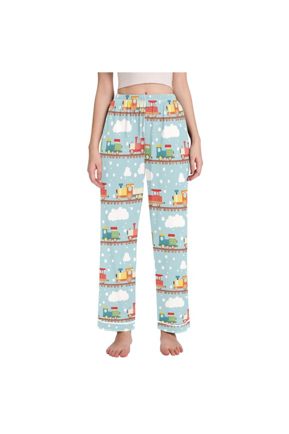 Women's Pajama Pants with Pockets Soft Comfy Loungewear Sleep Bottom, Sizes S-2XL, Red Trains Pattern