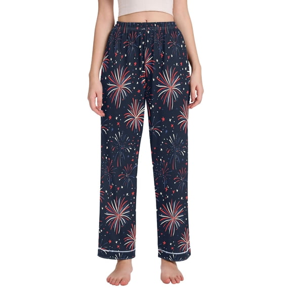 FORMRS Women's Pajama Pants with Pockets Soft Comfy Loungewear Sleep Bottom, Sizes S-2XL, Red and White Fireworks Pattern
