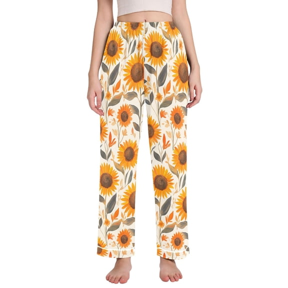 FORMRS Women's Pajama Pants with Pockets Soft Comfy Loungewear Sleep Bottom, Sizes S-2XL, Watercolor Sunflowers and Leaves