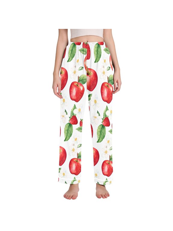 Women's Pajama Pants with Pockets Soft Comfy Loungewear Sleep Bottom, Sizes S-2XL, White Apple Pattern