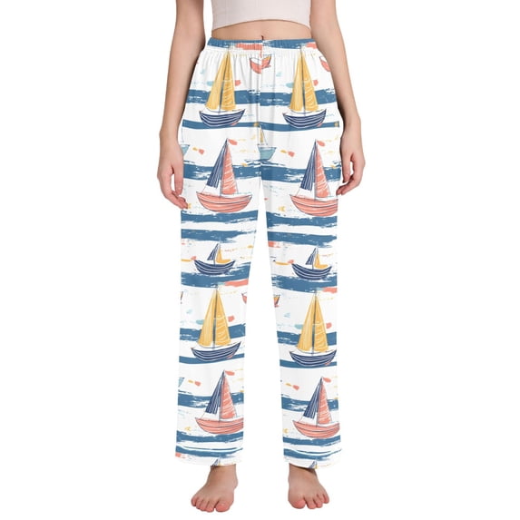 FORMRS Women's Pajama Pants with Pockets Soft Comfy Loungewear Sleep Bottom, Sizes S-2XL, White Hand Drawn Sailboats