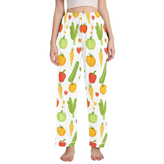 FORMRS Women's Pajama Pants with Pockets Soft Comfy Loungewear Sleep Bottom, Sizes S-2XL, White Vegetables Pattern