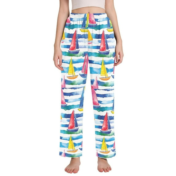 FORMRS Women's Pajama Pants with Pockets Soft Comfy Loungewear Sleep Bottom, Sizes S-2XL, Yellow Hand Drawn Sailboats