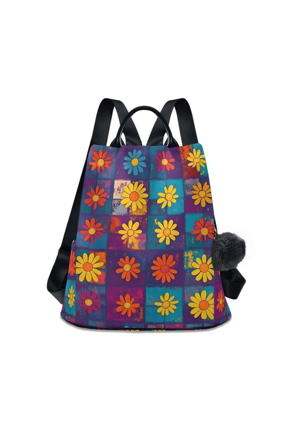 Women's Travel Backpack Purse Anti-Theft Hidden Pockets Casual Shoulder Bag, Colorful Checkered Daisy