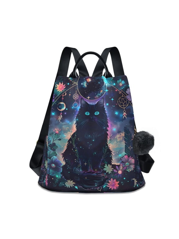 Women's Travel Backpack Purse Anti-Theft Hidden Pockets Casual Shoulder Bag, Floral Black Cat Pattern