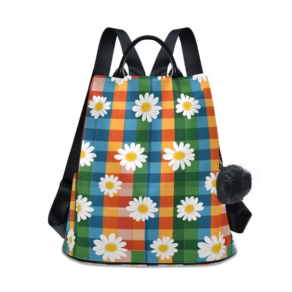 FORMRS Women's Travel Backpack Purse Anti-Theft Hidden Pockets Casual Shoulder Bag, Green Checkered Daisy
