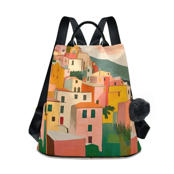 FORMRS Women's Travel Backpack Purse Anti-theft Hidden Pockets Casual Shoulder Bag, Pink Cityscape Painting