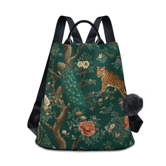 FORMRS Women's Travel Backpack Purse Anti-Theft Hidden Pockets Casual Shoulder Bag, Tiger and Peacock Pattern