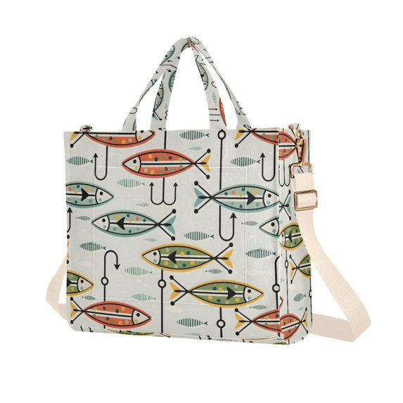 FORMRS Womens Corduroy Tote Bag Crossbody Shoulder Purse Handbag with Detachable Strap, Abstract Fish Pattern