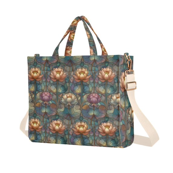 FORMRS Womens Corduroy Tote Bag Crossbody Shoulder Purse Handbag with Detachable Strap, Abstract Water Lilies Pattern