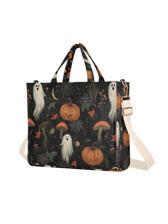 Womens Corduroy Tote Bag Crossbody Shoulder Purse Handbag with Detachable Strap, Autumn Ghost Pattern