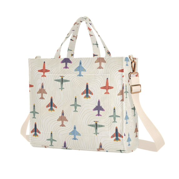 FORMRS Womens Corduroy Tote Bag Crossbody Shoulder Purse Handbag with Detachable Strap, Beige Cartoon Planes Pattern