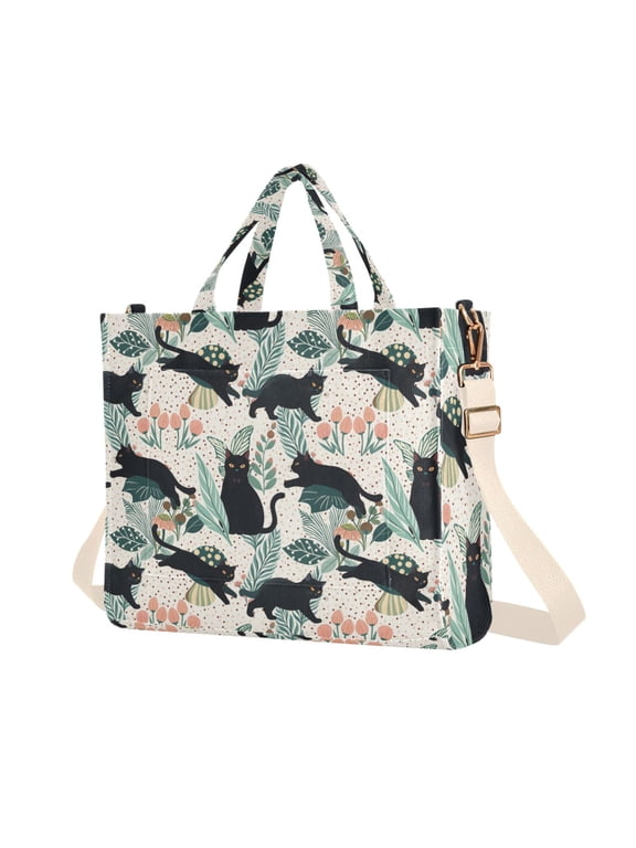 Womens Corduroy Tote Bag Crossbody Shoulder Purse Handbag with Detachable Strap, Black Floral Cat Pattern