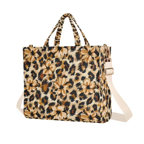 FORMRS Womens Corduroy Tote Bag Crossbody Shoulder Purse Handbag with Detachable Strap, Brown Floral Leopard Pattern