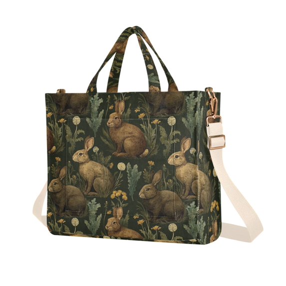 FORMRS Womens Corduroy Tote Bag Crossbody Shoulder Purse Handbag with Detachable Strap, Brown Floral Rabbits Pattern