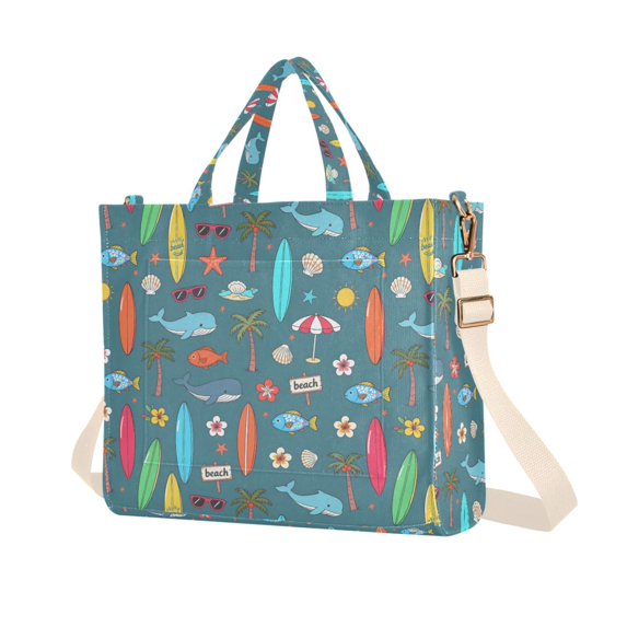 FORMRS Womens Corduroy Tote Bag Crossbody Shoulder Purse Handbag with Detachable Strap, Cartoon Beach Pattern