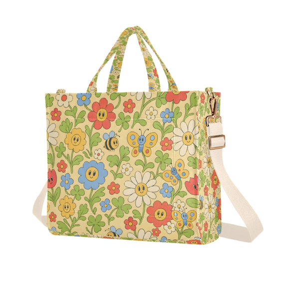 FORMRS Womens Corduroy Tote Bag Crossbody Shoulder Purse Handbag with Detachable Strap, Colorful Cartoon Flowers Pattern