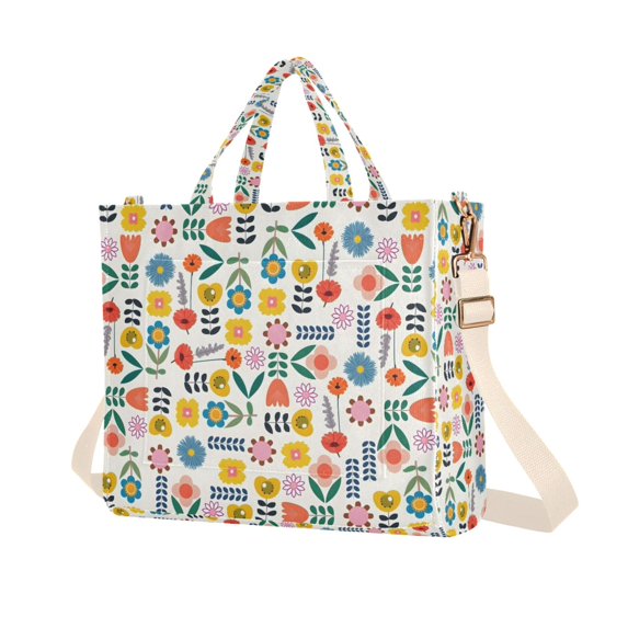 FORMRS Womens Corduroy Tote Bag Crossbody Shoulder Purse Handbag with Detachable Strap, Colorful Cartoon Flowers