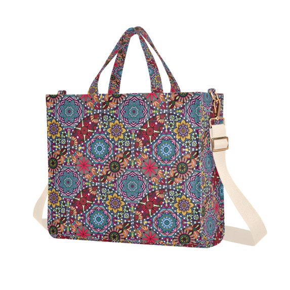 FORMRS Womens Corduroy Tote Bag Crossbody Shoulder Purse Handbag with Detachable Strap, Colorful Mandala Pattern