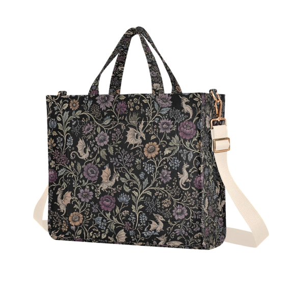 FORMRS Womens Corduroy Tote Bag Crossbody Shoulder Purse Handbag with Detachable Strap, Floral Dragon Pattern